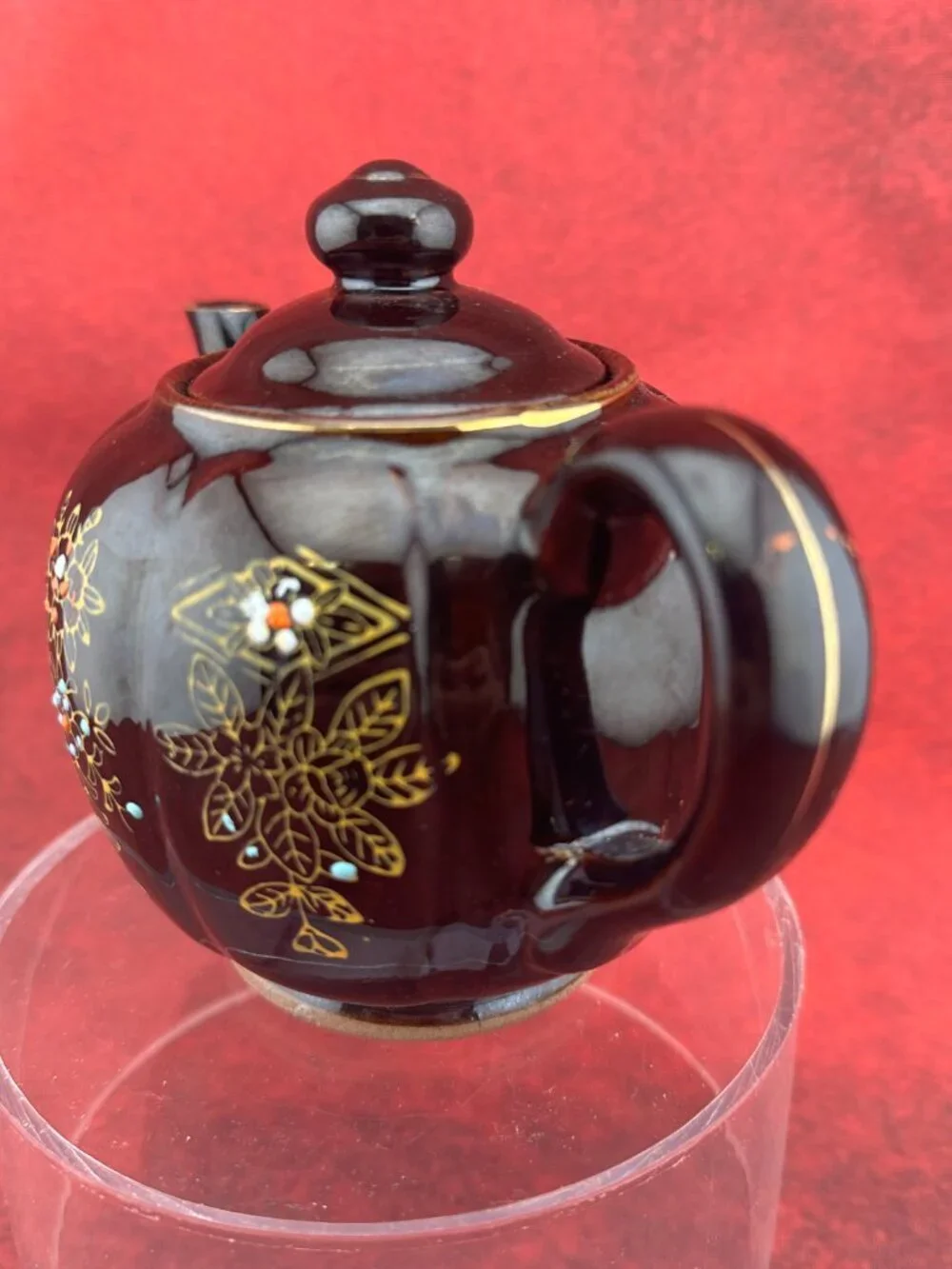 VINTAGE JAPANESE BROWN BETTY REDWARE  TEAPOT CERAMIC MORIAGE ENAMEL HAND PAINTED
